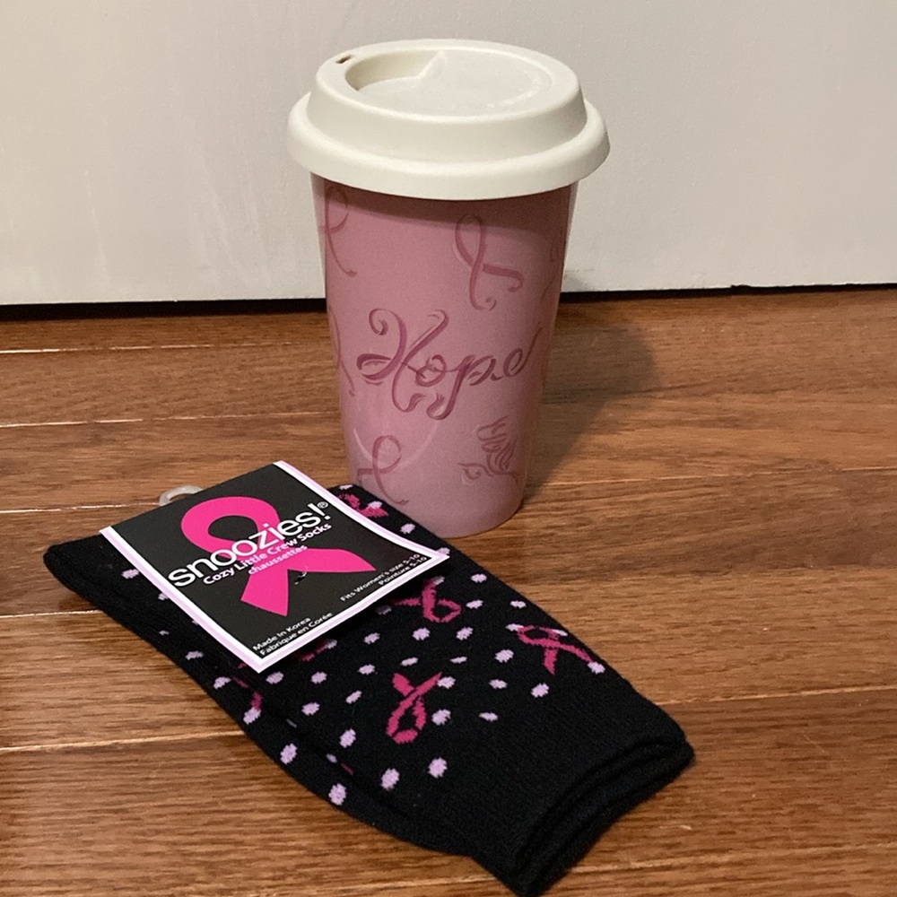 BREAST CANCER THERMAL TRAVEL MUG & SOCKS - Picture 1 of 11